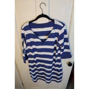 Cape Classic Pima Cotton Striped Dress Blue White Split V-Neck Womens Large